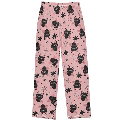 Boy's Pj Pants Happy Cute Cat Black Pink Star Lounge Bottoms Elastic Kids Sweatpants Joggers with Pockets Size 6-14