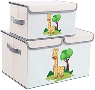 DIMJ 2 Pack Toy Boxes with Lid, Large Kids Storage Box with Lid, Cartoon Fabric Toy Organiser, Foldable Storage Bins with Handles for Kids, Clothes, Toys, Books, Shelves, Nursery, Home (Beige 2)