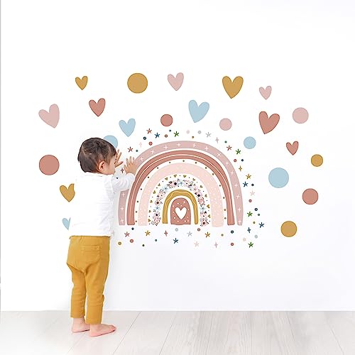 Tanlaby Boho RainbowWall Stickers, Large Rainbow Flower Wall Decals, Colorful Dots Hearts Stars Wall Decor