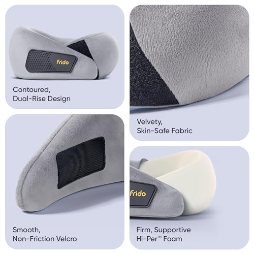 Image of Frido Kids Memory Foam Travel Neck Pillow with Travel Pouch | 360 Chin & Neck Support for Comfortable Sleep | Adjustable Velcro Straps | Ideal for Car, Flight & Road Trips | Bluish Grey