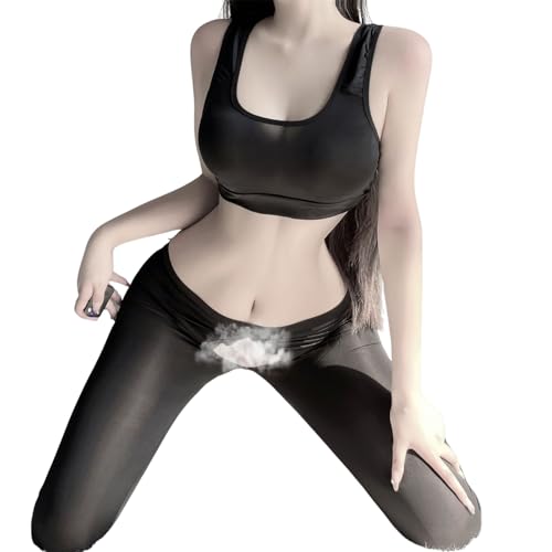 コスプレ タイトな衣類 セクシー ヨガウェア 成人用 スポーツブラ エアーをまと タイト ランジェリー スポーツウェアセット 通気 極薄 伸縮性 吸汗速乾 可愛い ボディスーツ 完璧な形状 美胸 女性用 ジムウェア (ブラック) - 画像1