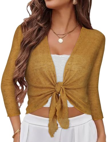 Image of Women Crop Cardigan Sheer Mesh Bolero Shrug for Dress Tie Front 3 /4 Sleeve Tops