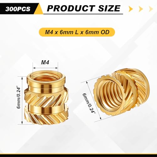 Image of Yaocom 300 Pcs M4 Threaded Inserts M4 x D6 x L6 Heat Set Inserts Brass 3D Printing Knurled Metric Nuts for Plastic, 3D Printing Components