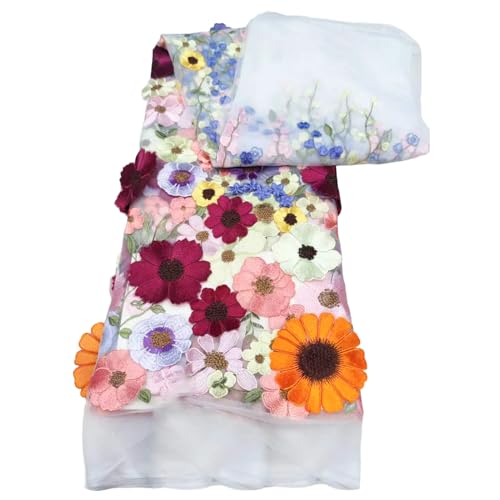 Tissu à broder maille blanche fleurs 3D multicolores tissu dentelle lourd 1m