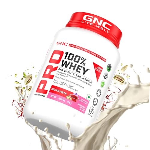 Image of GNC Pro Performance 100% Whey Protein | New Formulation | 24g Protein, 5.7g BCAAs, 12.3g EAAs | Added DigeZyme | Whey Isolate & Concentrate Blend, Low Carb (4.51g), No Added Sugar | Kesar Pista, 907g