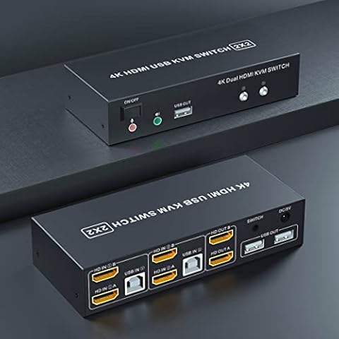 Dual Monitor KVM Switch HDMI 2 Port, 4K@60Hz KVM Switch 2 Monitore 2 Computer mit Audio Mikrofon Ausgang und 3 USB Ports Cover
