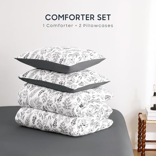Image of Wake In Cloud - Floral Comforter Set, Botanical Vintage Flower Coquette Cottagecore Aesthetic for Women Teen Girls, Soft Lightweight Dorm Bedding, 3 Pieces, Charcoal, Queen Size