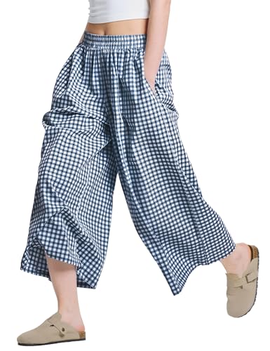 Image of LOMON Womens Wide Leg Capri Pants Gingham Plaid Culottes Summer Elastic Waist Palazzo Trousers Bottoms with Pockets