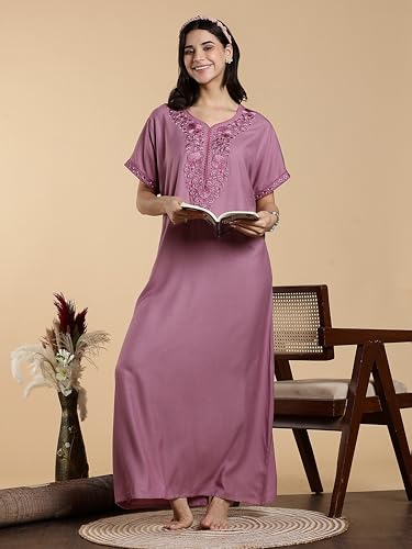 Image of 9shines Label Stylish Alpine Nighty Maxi for Women | Full Length Trendy Nightgown | Premium Nightdress | Nightwear | Heavy Embroidery Nighty with Pockets(2891)