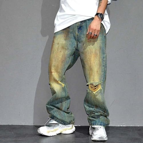 Men’S High Street Ripped Straight Denim Cargo Pants Slim Fit Button Fly Distressed Stacked Full Length Streetwear Jeans4