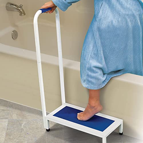 Easy Comforts Support Step Stool With Handle For Adults And Seniors, Durable Steel Construction, Stable Support For Bath Tub, Kitchen Shelving, Hospital Bed, 21 ¼” X 34 ¼”, Blue/White #TOP1