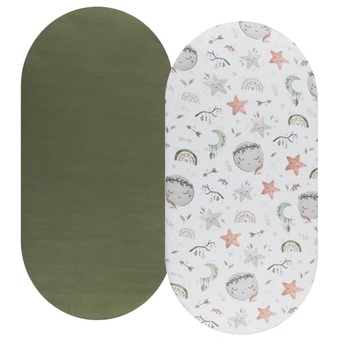 Image of Bassinet Sheet Set 2 Pack Snug Fitted Cradle Fitted Sheets, Stretchy Ultra Soft, for Oval Rectangle Hourglass Bassinet Mattress, Unisex Boy Girl, Light Green & Moon