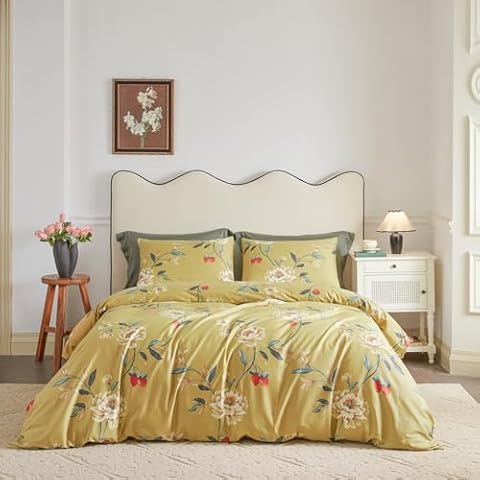 YuHeGuoJi Gold Duvet Cover Queen 100% Egyptian Cotton Peony Floral Duvet Cover 3 Pcs Set 1 Aesthetic Red Flower Duvet Cover with Zipper Ties 2 Pillowcases Garden Farmhouse Botanical Bedding Cover