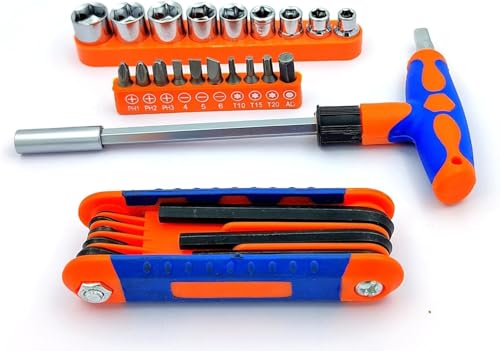 Image of Set of 25 Pcs Magnetic T-Handle Ratchet Wrench and Screwdriver Set 9 Pc x sockets, 10 Pcs x Screw driver heads Set, 1 x Allen key Set, & 1 Pc x T-Handle Wrench