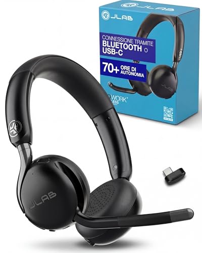 JLab Go Work 3 Cuffie Bluetooth On Ear con Microfono per PC USB - Cuffie Wireless da Ufficio, 70+ Ore di Autonomia, Cancellazione del Rumore, Multipoint, Dongle USB-C, Padiglioni Cloud Foam