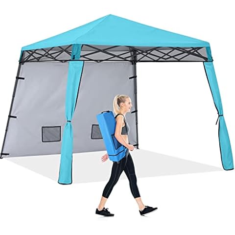 COOSHADE Compact Lightweight Backpack Canopy Sun Protection 8x8 Pop up Shelter Slant Leg Beach Tent with 1 Sidewall, 4 Extra Sandbags (Sky Blue) Cover