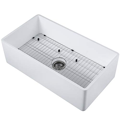 Ancona Holbrook 33" Pure Acrylic Stone Single Bowl Farmhouse Kitchen Sink With Grid And Strainer In White An-3355 #TOP3