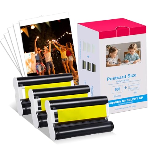 Ersatz für Canon Selphy Fotopapier Set 10 x 15 cm mit Kartusche KP-108IN Kompatibel mit Selphy CP1500 CP1300 CP1200 CP1000 CP910 Fotopapier für Selphy CP Fotodrucker / 3 Farbband und 108 Blatt