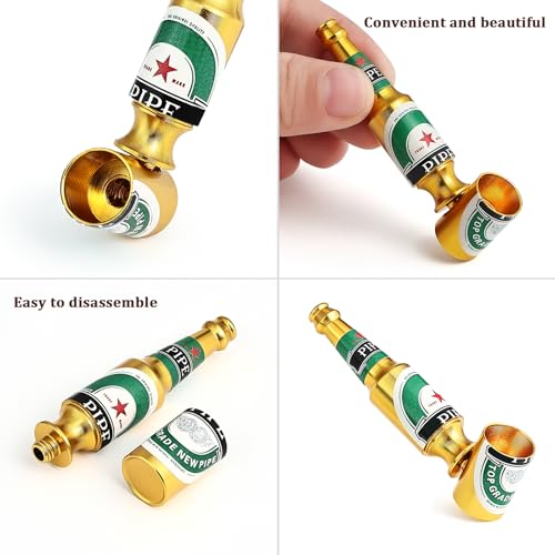 Joyoldelf 3pcs Metal Tobacco Pipe - Beer Bottle Smoking Pipe with Multi-Color (Red, Green, Gold), Creative Portable Pipe with Random Pattern, Pipe Starter Kit for Beginners with 3 Pack of Metal Screen