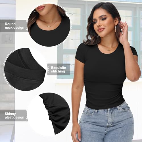 Coume 3 Pack Womens Short Sleeve Crew Neck Ruched T Shirts Summer 2025 Y2k Slim Fit Tees Stretchy Basic Tee Shirts Crop Tops3