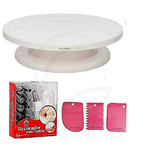 C&G INDIA BPA free Plastic, Food grade 304 Stainless Steel Cake Combo of Cake Making Turn Table, 12 Piece of Cake Decoration nozzles with Icing Bag and 3 Pieces of Dough Scraper