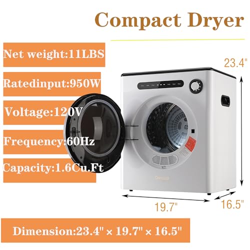110V Portable Clothes Dryers 950W Compact Dryer 1.6cu.ft Front Load Stainless Steel 11lbs Electric Dryers Machine with Exhaust pipe for Apartment,RVs,Dorms,Auto Stop and Easy Control