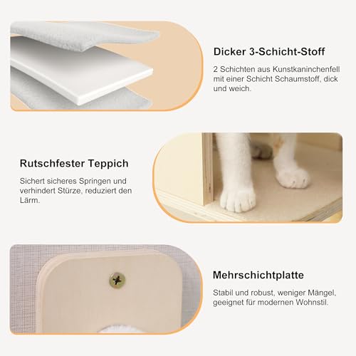 FUKUMARU Kletterwand Katzen, Katzenmöbel mit 2 Katzentreppe Wand,Katzenbaum Hängematte aus Birke mehrschichtige Platte, Katzenwandmöbel für Schlaf, Klettern und Spielen, beige