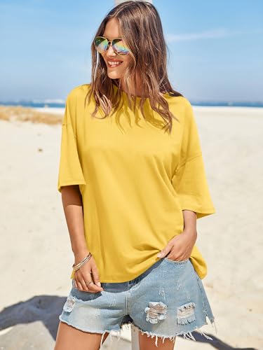 Image of Tankaneo Womens Oversized Tshirts Summer Casual Short Sleeve Crew Neck T Shirt Loose Fit Side Slit Tee Tops