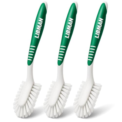 LIBMAN Kitchen Scrub Brush with Long Handle - 3 Pk Kitchen Brush for Dishes - Dish Scrubber Cleaning Brushes for Sinks, Bottles, Pots, Pans, Vegetables - All Purpose
