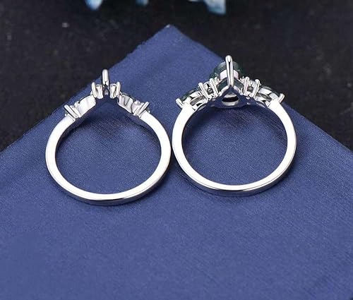 Natural Moss Agate Ring Set 925 Sterling Silver Pear Shape Moss Agate and Moissanite Engagement Ring for Women Free Engraving3