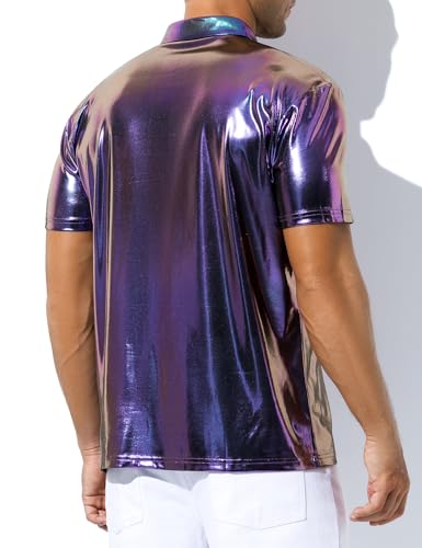 Casey Kevin Men's Short Sleeve Collared Shiny Metallic Shirts Nightclub Button Down Shirt Reflective Rave Outfit Holographic Disco Top,Purple,Medium - Image 2