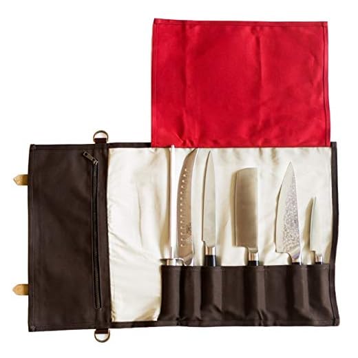 Chef's Knife Roll Bag | Extra Thick, Heavy Duty, Durable Waxed Canvas w/Cotton Liner | Stores 8 Knives plus Zipper Pocket | Portable Chef Knife Case with Leather Shoulder Strap | Knives Not Included