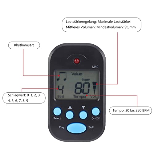 Digitales Metronom, Multifunktionales M50-Metronom, Mini-LCD-elektronisches Metronom, Tragbares Digitales Beat-Tempo-Gitarrenmusikzubehör