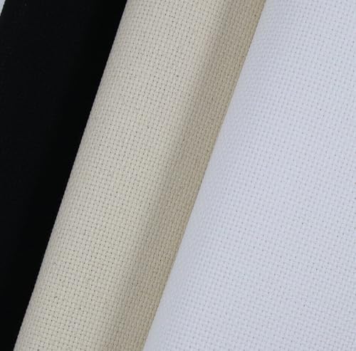 Image of KCS 3 pc of 15 inch x 18 inch(38cmx45cm) Counted Cross Stitch Cotton Aida Cloth Needlework Rolled Fabric Box,16CT,White+Oatmeal+Black