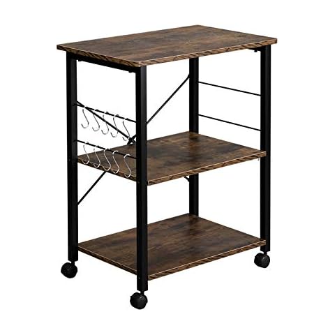 WEI WEI GLOBAL 3-Tier Kitchen Baker’s Rack, Microwave Stand Rolling Serving Cart, Industrial Storage Shelf Organizer w/ 10 Hooks & Wheels-Black Metal Frame, Rustic Brown Cover