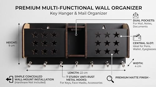 Image of Wall Mount Key Holder & Mail Organizer | Laser-Cut Key Hanger with 7 Metal Hooks, Letter Rack & Pen Stand | Wooden Wall Decor for Entryway, Living Room, Home & Office (Star)