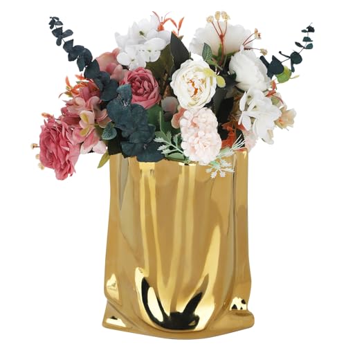 VanEnjoy Large Gold & Silver Ceramic Vases - Wide Mouth Home Decor, Chrome Handbag Vase