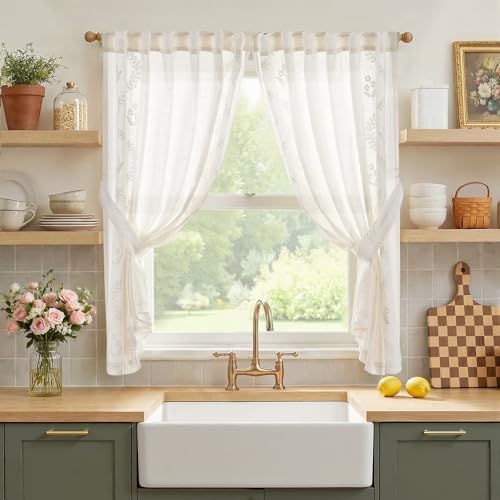 Image of jinchan White Floral Linen Kitchen Tier Curtains 50x54 Inch 2 Panels
