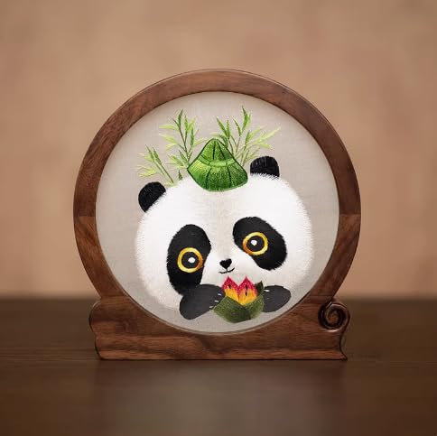 Unique Panda Home Decor Tabletop Decorations Chinese Gifts Ethnic Handmade Double Side Embroidery Silk Pattern Desk Ornaments with Box (Panda 6)