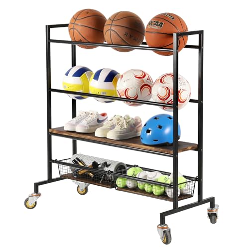 MyGift Basketball Holder Stand with Wheels, 4 Tier Large Heavy Duty Sports Ball Organizer for Garage, Black Metal Sports Equipment Storage Rack