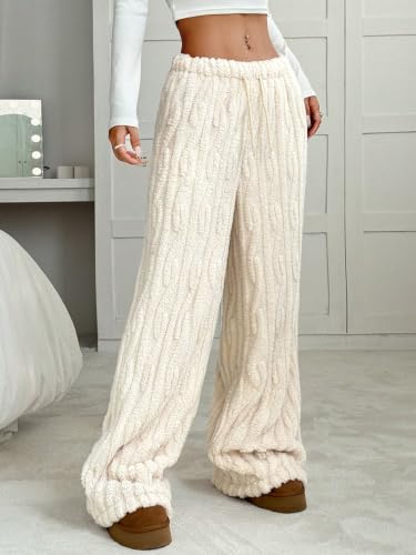 Image of ZAFUL Women's Fuzzy Plush Pajama Pants Wide Leg Pj Bottoms Lounge Pants | Soft Fluffy Sleep Pants Drawstring Elastic Waist Teddy Pjs for Women No Pockets