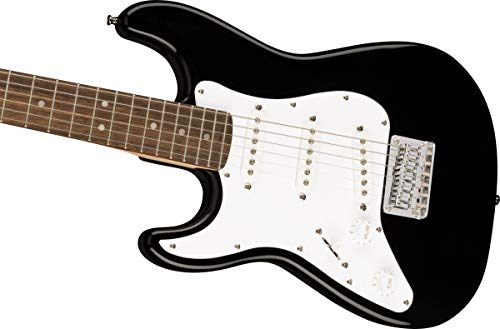 Image of Fender Squier 3 /4-Size Left-Handed Kids Mini Strat Electric Guitar - Black Bundle with Amplifier, Instrument Cable, Tuner, Strap, Picks, and Austin Bazaar Instructional DVD