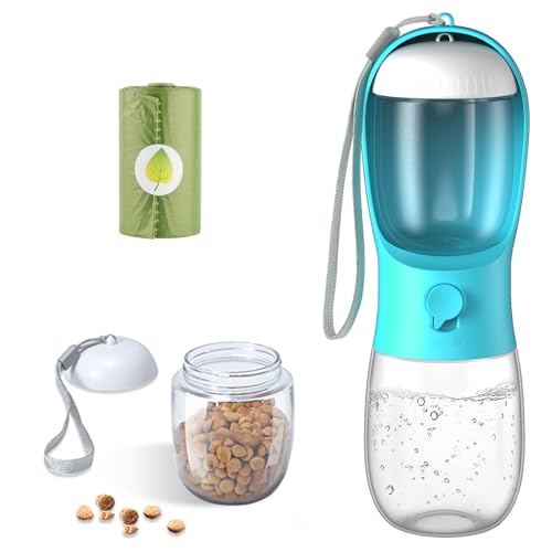 3 in 1 Portable Dog Water Bottle with Food Container and Waste Bag, Multifunctional Pet Travel Water Dispenser Water Bottle for Outside Drinking and Eating, Suitable for Puppy and Cats