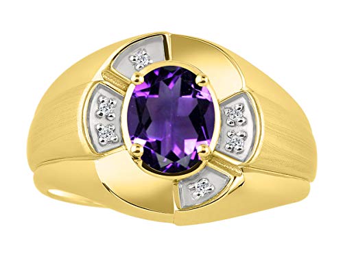 Image of Rylos Yellow Gold Plated Silver Men's & or Ladies Ring with 8X6MM Oval Gemstone & Diamonds - Unisex Color Stone Birthstone Ring Sizes 7-13