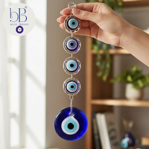 Image of BLUE BEADS Turkish Feng Shui Vastu Blue Glass Evil Eye Hanging /Door Hanging Nazar Batu for Protection and Good Luck - Perfect for Gifting Home or Office (4BEAD-Evileye)