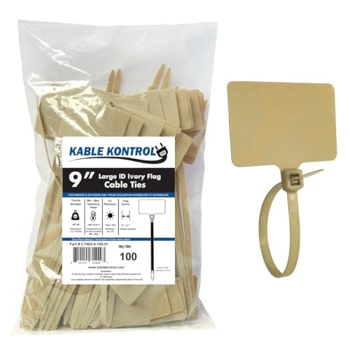 Kable Kontrol Cable Marker Zip Ties, 9 Inch 100 Pcs Large ID Flag Label Straps, Self-Locking Write on Tags for Ethernet, Power, and Cord Labeling - Ivory