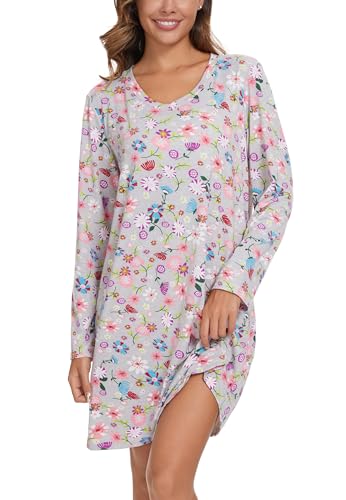 Image of Kabento 2 Pack Long Sleeve Nightgowns for Women Soft Cotton Night Gowns Sleepwear V Neck Nightshirts