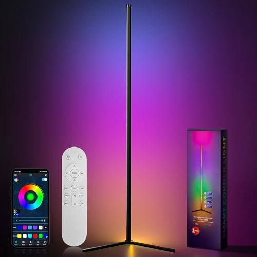 Aurevita Lámpara de Esquina LED 159 cm Lámpara de Pie RGB Regulable con Control Remoto y App, 16 Millones de Colores, Sincronización con Música y Temporizador, Barra LED DIY para Sala, Gaming y Salón