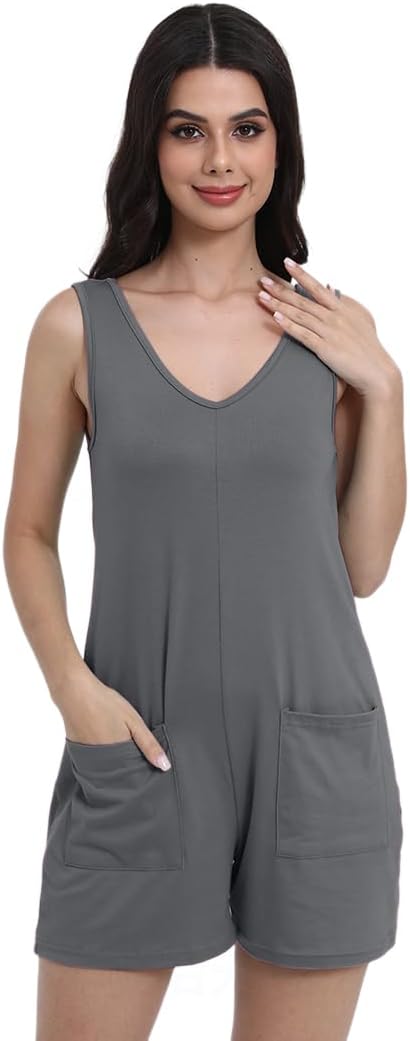 Womens Summer V Neck Sleeveless Tank Top Romper Loose Fit Jumpsuit Trendy One Piece Jumps with Pockets - Image 3