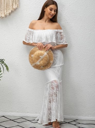 Image of HOYISHION Women's Off The Shoulder Floral Lace Maxi Dress White Bridesmaid Wedding Party Maternity Photoshoot Long Dresses